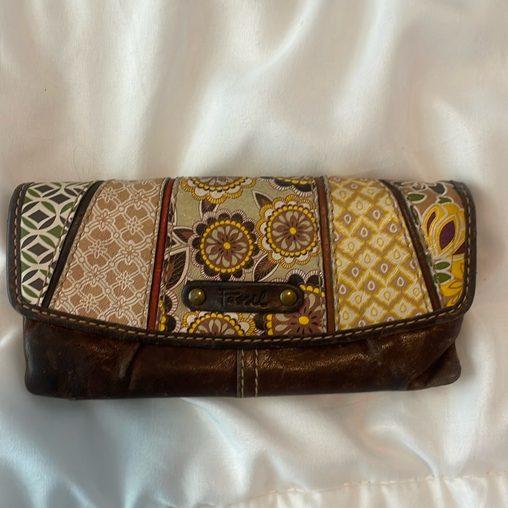 Vintage Fossil Leather Patterned Wallet Coin Purse